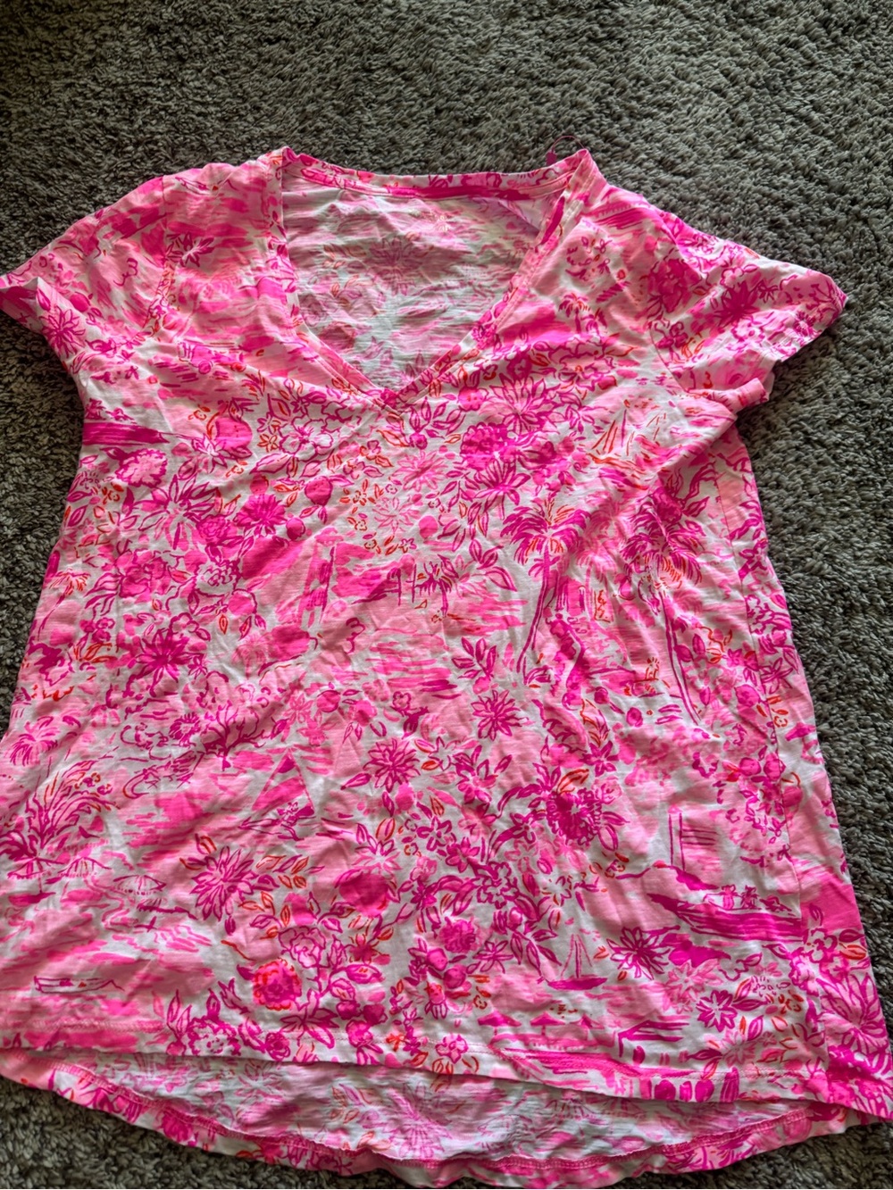Lilly Pulitzer Hot Pink Floral V-Neck Short Sleeve Tee